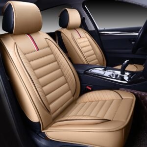 OASIS AUTO Car Seat Covers Premium Waterproof Faux Leather Cushion Universal Accessories Fit SUV Truck Sedan Automotive Vehicle Auto Interior Protector Full Set (OS-001 Tan)