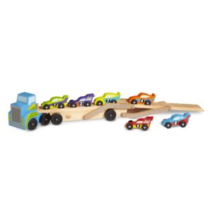 Melissa & Doug Mega Race-Car Carrier - Wooden Tractor and Trailer With 6 Unique Race Cars