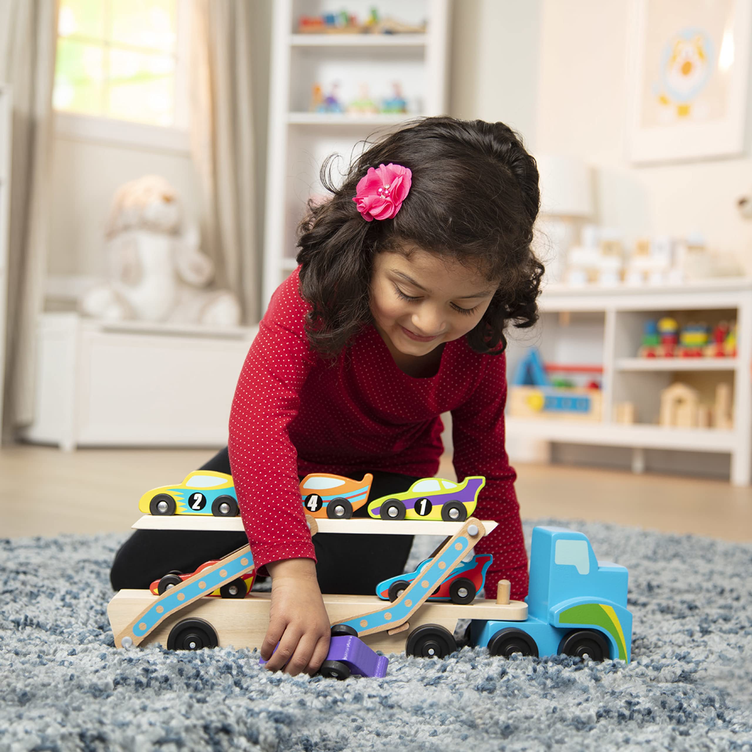 Melissa & Doug Mega Race-Car Carrier - Wooden Tractor and Trailer With 6 Unique Race Cars