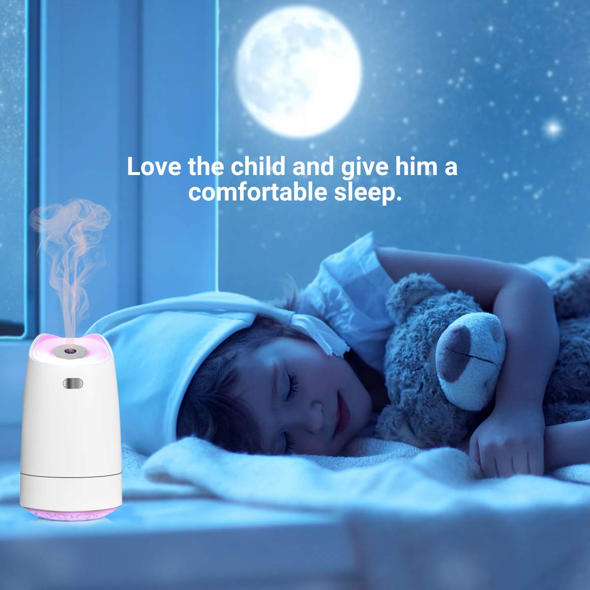 LoiStu USB Mini Humidifier, 280ml Portable Humidifier, 7-Color LED Night Light, Ultra-quiet,Automatic Shut-Off, for Home, Bedroom, Office, Baby room, Car (White)