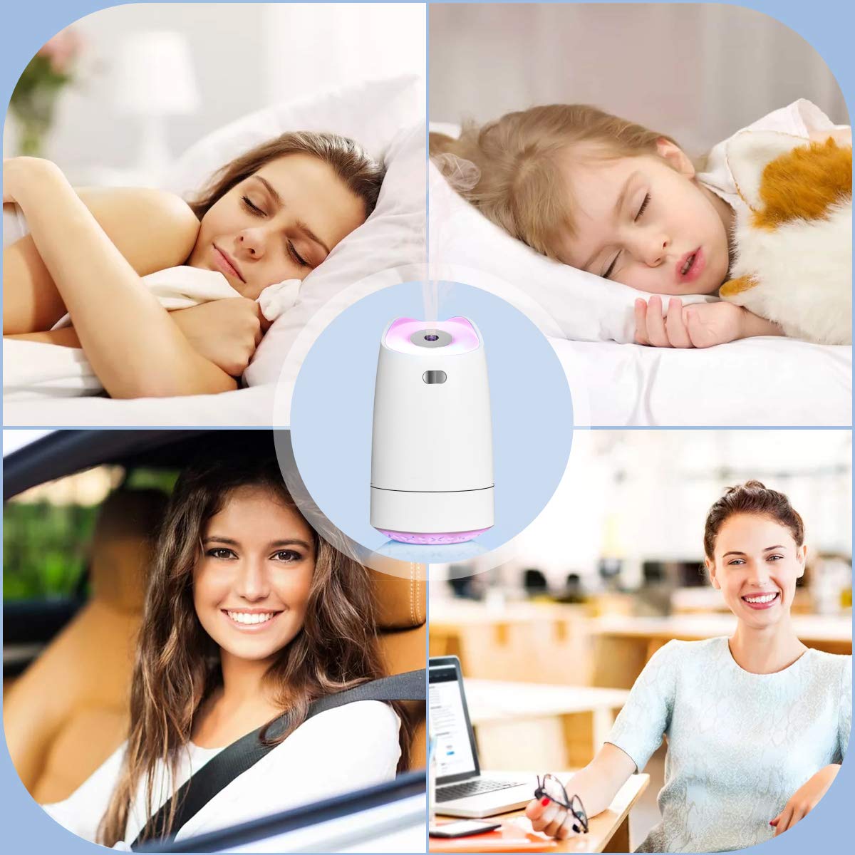 LoiStu USB Mini Humidifier, 280ml Portable Humidifier, 7-Color LED Night Light, Ultra-quiet,Automatic Shut-Off, for Home, Bedroom, Office, Baby room, Car (White)