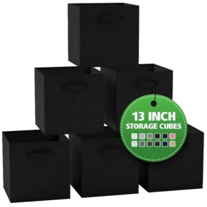 fabric storage cubes for cube organizer - 6 pack heavy duty textured black storage bins - 13 inch cube storage bin, use as a clothes storage box in closet, baskets for shelves or cubbies storage bins