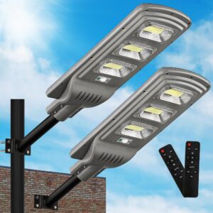 lovus 2pack solar led street light, 2000w outdoor solar parking lot light dusk to dawn with motion sensor for garage, driveway, ip65 waterproof, wall or pole mount, st60-010-2