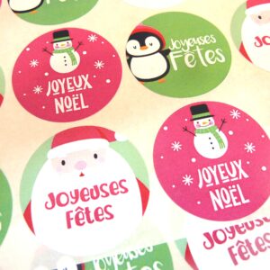 Pack of 30 Joyeuses Fêtes Joyeux Noël French Christmas Greeting Stickers, Colourful Self-Stick Labels for Cards, Envelopes, Craft, Decoration