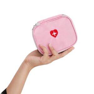portable mini first aid pouch, empty travel medicine bag double zippers handy pills pocket for travel home, small size (pink)