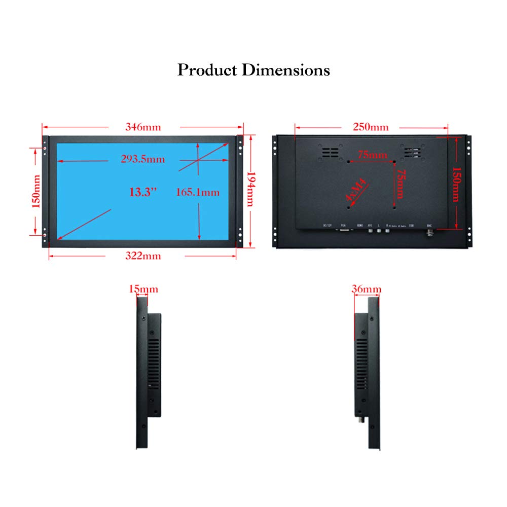 iChawk 13.3'' inch PC Monitor 1920x1080p 16:9 IPS BNC HDMI-in Metal Shell Embedded Open Frame Built-in Speaker Remote Control LCD Screen Display USB Port Pluggable U-Disk Small Video Player K133MN-56