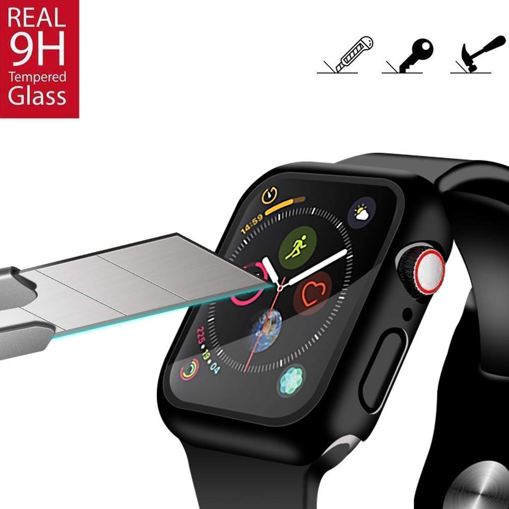 YMHML [2 Pack] Compatible for Apple Watch 44mm SE 2nd /SE/Series 6 5 4 Tempered Glass Screen Protector with Black Bumper Case, Full Coverage Easy Install Bubble-Free Cover for iWatch Accessories