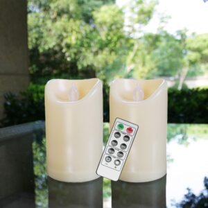 flameless outdoor waterproof led pillar candle with remote timer battery operated flickering resin candle light for halloween christmas wedding party centerpiece decorations supplies 3”x 5” 2-pack