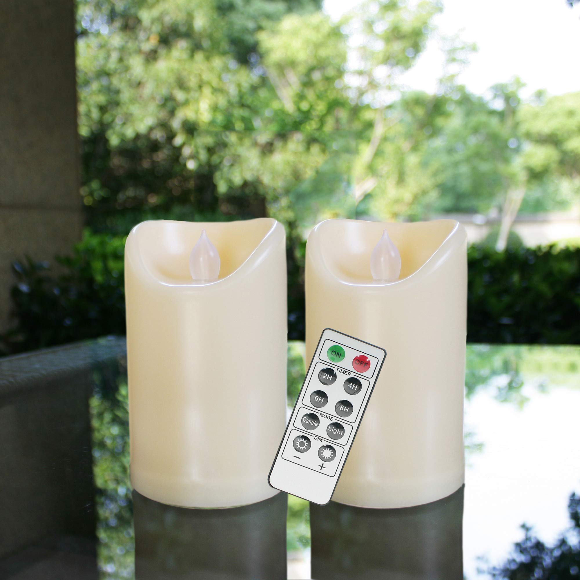 Flameless Outdoor Waterproof LED Pillar Candle with Remote Timer Battery Operated Flickering Resin Candle Light for Halloween Christmas Wedding Party Centerpiece Decorations Supplies 3”x 5” 2-Pack