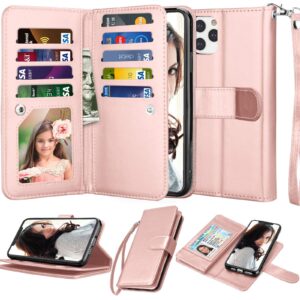 njjex wallet case for iphone 11 pro max 2019, for iphone 11 pro max case (6.5"), [9 card slots] pu leather id credit holder folio flip [detachable] kickstand magnetic phone cover & lanyard -rose gold