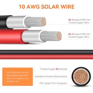 10AWG Solar Extension Cable 10 Feet, 10 Gauge Solar Panel Cables 10FT for Solar Systems, Car, RVs, and Boats, Tinned Copper PV Wire Ends with Solar Connector (10ft Red+10ft Black)