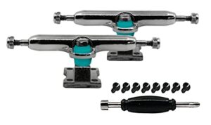 teak tuning prodigy fingerboard trucks with upgraded lock nuts, silver chrome colorway - 32mm wide - includes teal pro duro 61a bubble bushings