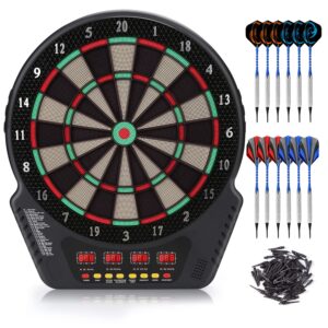 biange electronic dart board, digital soft tip dart boards, dartboard set 13.5” target area, 27 games and 243 variants with 12pcs 18g darts, 4 led displays, 100 tips, flights, support 16 players