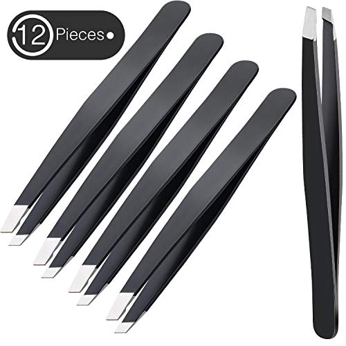 12 Pieces Eyebrow Tweezers Stainless Steel Slant Tip Tweezers Facial Hair Eyebrow Precision Tweezers for Men and Women(Black)