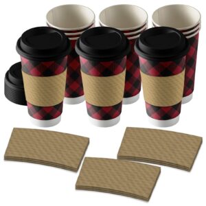 live it up! party supplies disposable coffee or hot chocolate cups - red and black buffalo plaid (buffalo plaid, 12-ct with blank kraft sleeves)