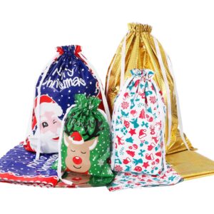 PRETYZOOM Amosfun Christmas Drawstring Gift Bags 30pcs Large Size Wrapping Upgraded Assorted Styles Santa 4 Sizes for Xmas Holiday Presents Party Favor Goody Bags with Ribbon Ties