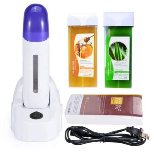 imeshbean® depilatory roll on wax heater roller warmer cartridge strips hair removal kit usa (aloe & honey wax & 100 paper)