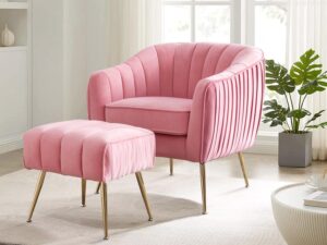 altrobene velvet accent chair, modern barrel chair with ottoman, arm pub chair for living room/bedroom/nail salon, blush pink, golden finished, suitable for small spaces