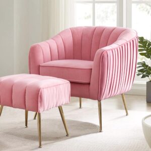 Altrobene Velvet Accent Chair, Modern Barrel Chair with Ottoman, Arm Pub Chair for Living Room/Bedroom/Nail Salon, Blush Pink, Golden Finished, Suitable for Small Spaces