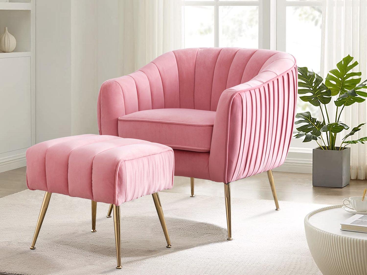 Altrobene Velvet Accent Chair, Modern Barrel Chair with Ottoman, Arm Pub Chair for Living Room/Bedroom/Nail Salon, Blush Pink, Golden Finished, Suitable for Small Spaces