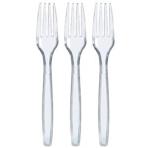 prestee 300 plastic forks heavy-duty, heavyweight plastic silverware forks, fancy plastic cutlery, elegant disposable forks pack, bulk disposable flatware, silver forks for christmas holiday (clear)