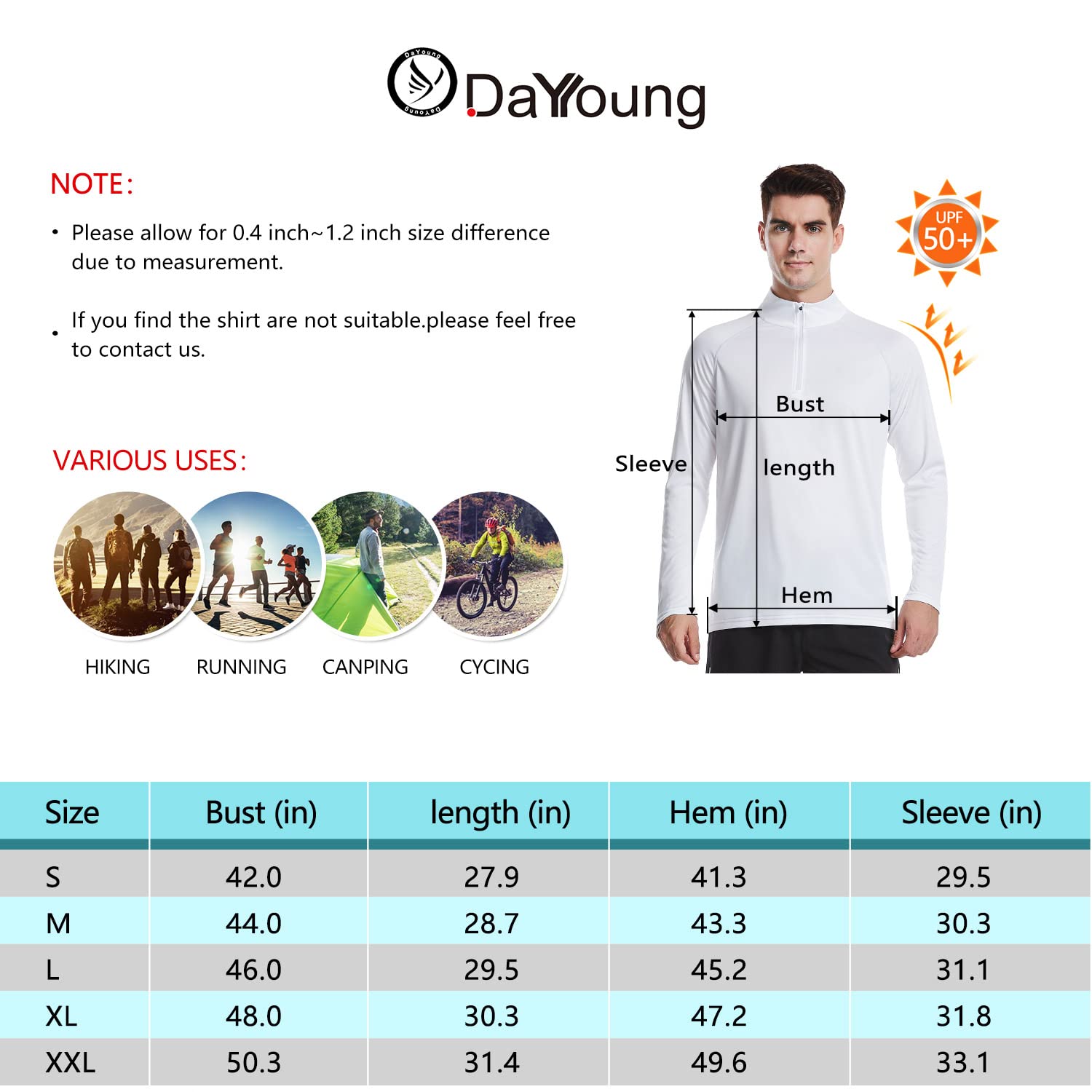 DAYOUNG Mens Zip Pullover UPF 50+ Sun Protection Long Sleeve Hiking Fishing Outdoors Performance T-Shirt YWT12 White S