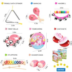 oathx Baby Musical Toys for Toddler Kids Musical Instruments Girls Toys 14 Pcs, 1st Birthday Girl Gifts with Wood Xylophone Tambourine Maracas Egg Shaker Pink