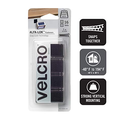 VELCRO Brand - VEL-30180-USA ALFA-LOK Fasteners | Heavy Duty Snap-Lock Technology | Self-Engaging and Multidirectional Use | Black, 1 inch Squares, 16 Sets