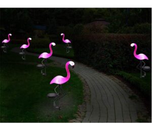 6 pack garden solar flamingo lights outdoor, led color changing stake lights, solar powered optic fiber decorative lighting, yard art, garden decorations, housewarming gifts.