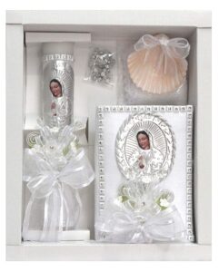 swea pea & lilli white virgin mary baptism candle set kit for christenings with shell and favors