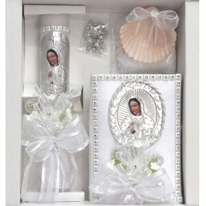 SWEA Pea & Lilli White Virgin Mary Baptism Candle Set Kit for Christenings with Shell and Favors