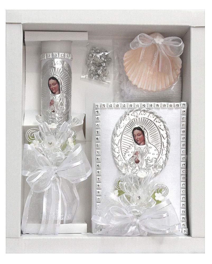 SWEA Pea & Lilli White Virgin Mary Baptism Candle Set Kit for Christenings with Shell and Favors