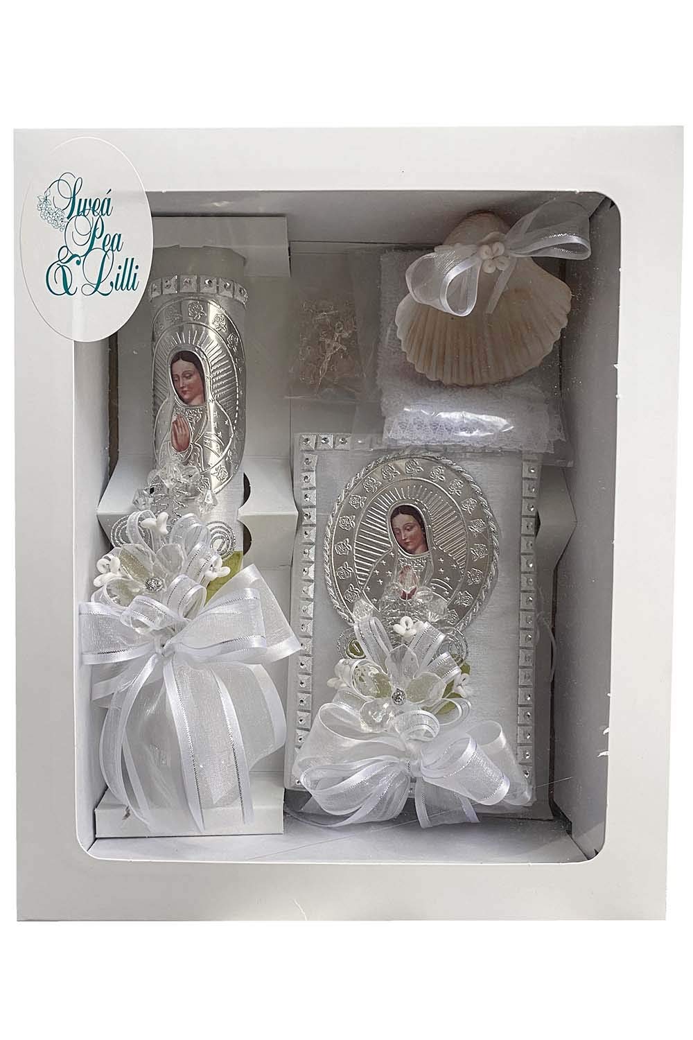 SWEA Pea & Lilli White Virgin Mary Baptism Candle Set Kit for Christenings with Shell and Favors