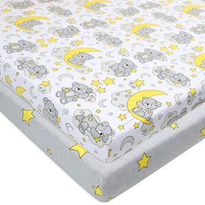 organic crib sheets (2 pack) - 100% organic jersey cotton fitted crib sheets for standard crib and toddler mattresses |star and bear print | (grey, yellow, white)