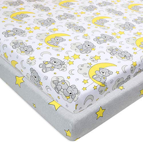 Organic Crib Sheets (2 Pack) - 100% Organic Jersey Cotton Fitted Crib Sheets for Standard Crib and Toddler Mattresses |Star and Bear Print | (Grey, Yellow, White)