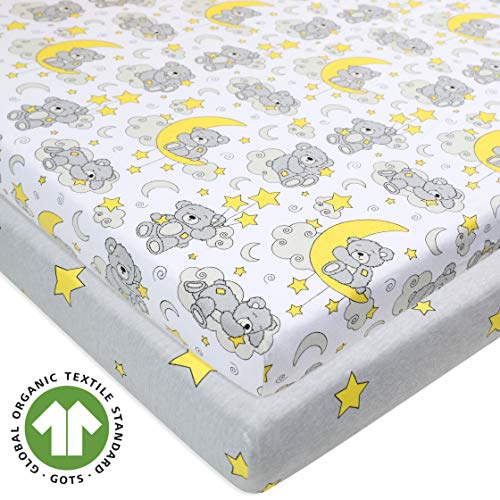 Organic Crib Sheets (2 Pack) - 100% Organic Jersey Cotton Fitted Crib Sheets for Standard Crib and Toddler Mattresses |Star and Bear Print | (Grey, Yellow, White)