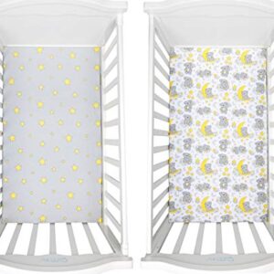 Organic Crib Sheets (2 Pack) - 100% Organic Jersey Cotton Fitted Crib Sheets for Standard Crib and Toddler Mattresses |Star and Bear Print | (Grey, Yellow, White)