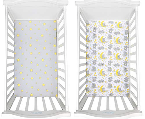 Organic Crib Sheets (2 Pack) - 100% Organic Jersey Cotton Fitted Crib Sheets for Standard Crib and Toddler Mattresses |Star and Bear Print | (Grey, Yellow, White)