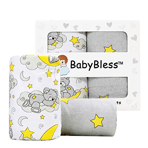 Organic Crib Sheets (2 Pack) - 100% Organic Jersey Cotton Fitted Crib Sheets for Standard Crib and Toddler Mattresses |Star and Bear Print | (Grey, Yellow, White)