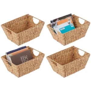 mdesign natural woven hyacinth closet storage organizer basket bin for kitchen cabinets, pantry, bathroom, laundry room, closets, garage - 4 pack - natural