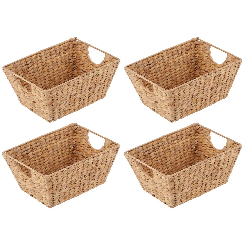 mDesign Natural Woven Hyacinth Closet Storage Organizer Basket Bin for Kitchen Cabinets, Pantry, Bathroom, Laundry Room, Closets, Garage - 4 Pack - Natural