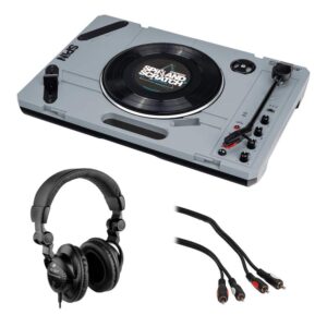 reloop spin portable turntable system with scratch vinyl with polsen hpc-a30 studio headphones & male audio cable (6') bundle
