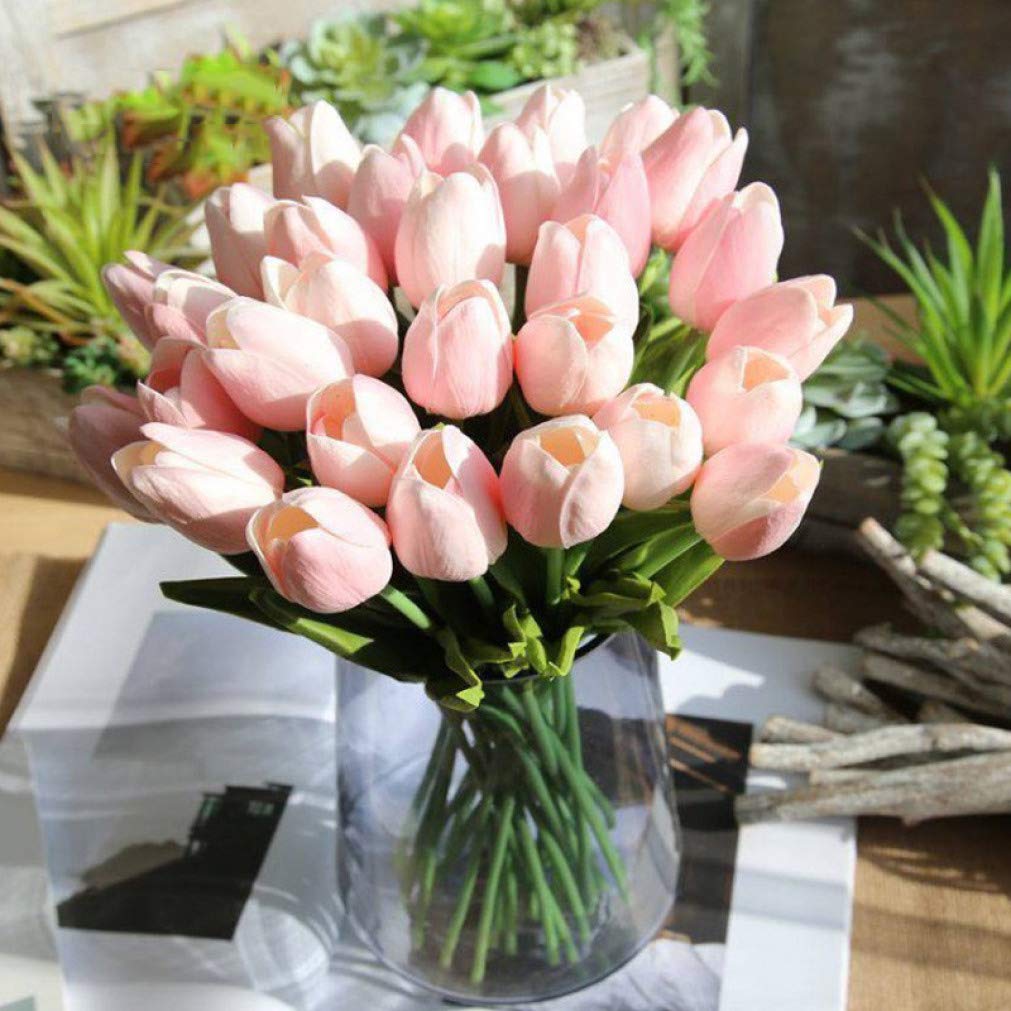 JHKSO 5pcs Real Touch Tulips Artificial Bunch Silk Plants Flowers for Outside Wedding Garden Party Home Decor PU Fake Flower Bouquet