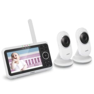 vtech [upgraded] vm350-2 baby monitor, 5" screen,2 cameras,1000ft range, night vision, 2-way audio, lullabies, secure transmission no wifi