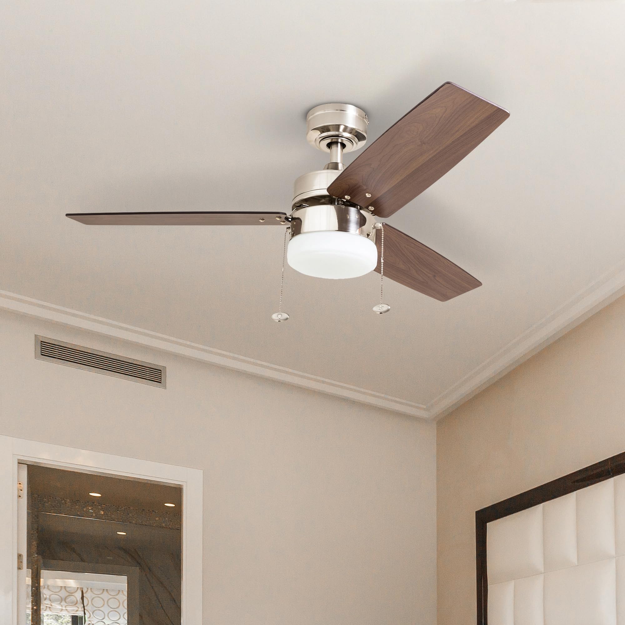 Prominence Home Reston, 42 Inch Modern Farmhouse LED Ceiling Fan with Light, Pull Chain, Dual Mounting Options, Dual Finish Blades, Reversible Motor - 51014-01 (Brushed Nickel)