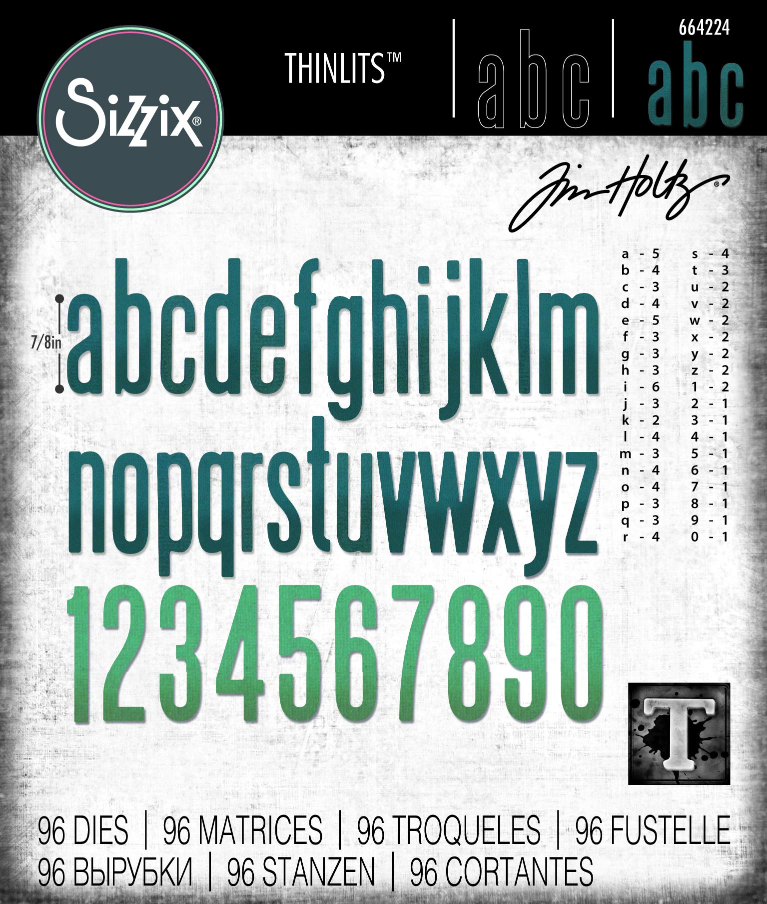 Sizzix Thinlits Die Set 96 Pack Alphanumeric Classic Lower Case by Tim Holtz, Multicolor