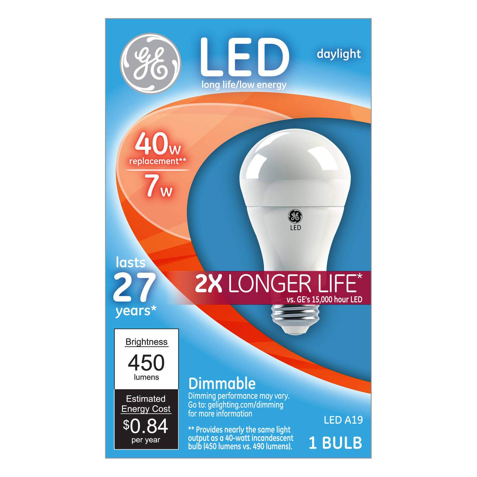 GE Lighting A19 LED Light Bulb, Dimmable, 7 Watt (40W Equivalent), 450 Lumens, Long Life, 5000K Daylight, 120V, 4-Pack