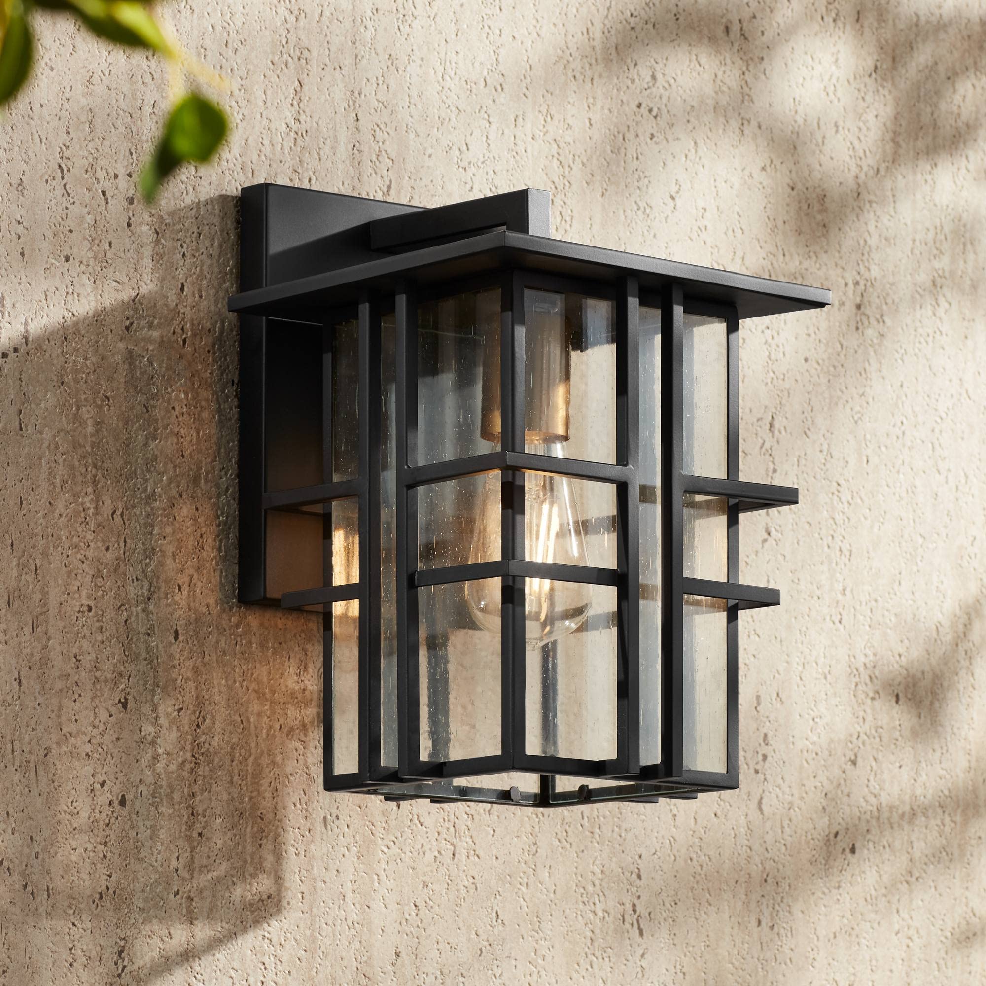 Possini Euro Design Arley Modern Outdoor Wall Light Fixture Black Geometric Frame 12" Seedy Glass for Exterior Barn Deck House Porch Yard Patio Outside Garage Front Door Garden Home Roof Lawn