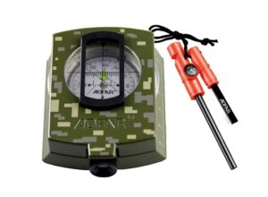 aofar military compass and fire starter af-4580/381 lensatic sighting, survival kit,waterproof and shakeproof measure distance calculator and pouch for camping, hiking, hunting, backpacking