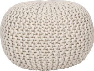 decor therapy lola round knit lurex yarn and cotton pouf, off-white 20x20x14